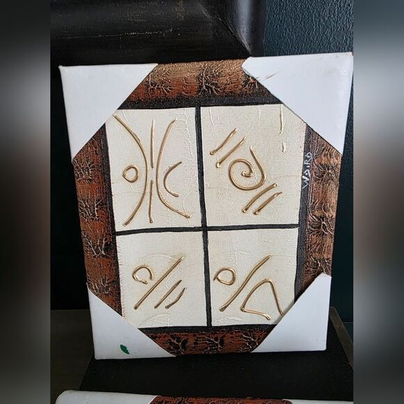 Abstract Symbolic Tribal Textured Hand Painted Wall Art Set Of 2 Signed 8x10 - Picture 3 of 8